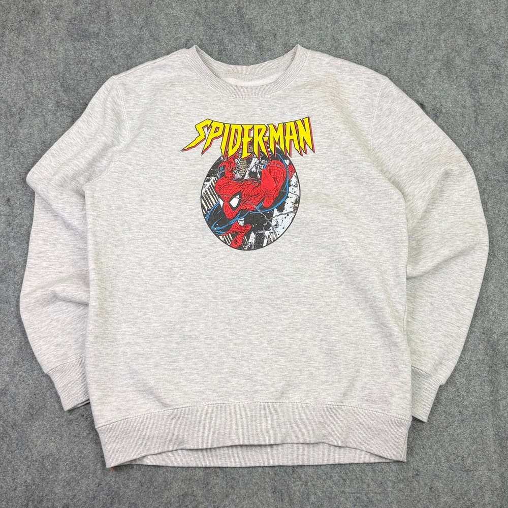 Marvel Spiderman Crewneck Sweatshirt Mens Medium Grey Comic Graphic Pullover